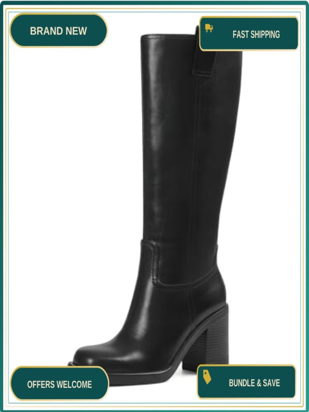 Wide Calf Knee High Platform Boots Women Square Toe Block Heel PU Faux Leather